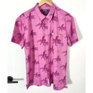 Retro Rifle Saws & Macaws Shirt Mens Large Button Down SS Parrot Print Pink